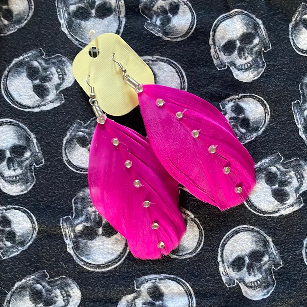 Pink Feather Hook Earrings with Rhinestones